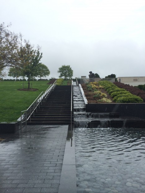 A waterfall that follows the stairs to the museum.