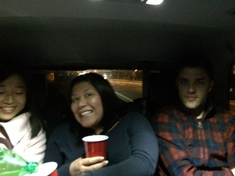 Fan, Judy, and Kyle snugged up in the back seat